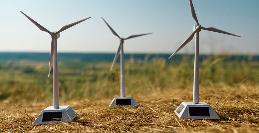 Three Wind Turbines In The Field Nobody