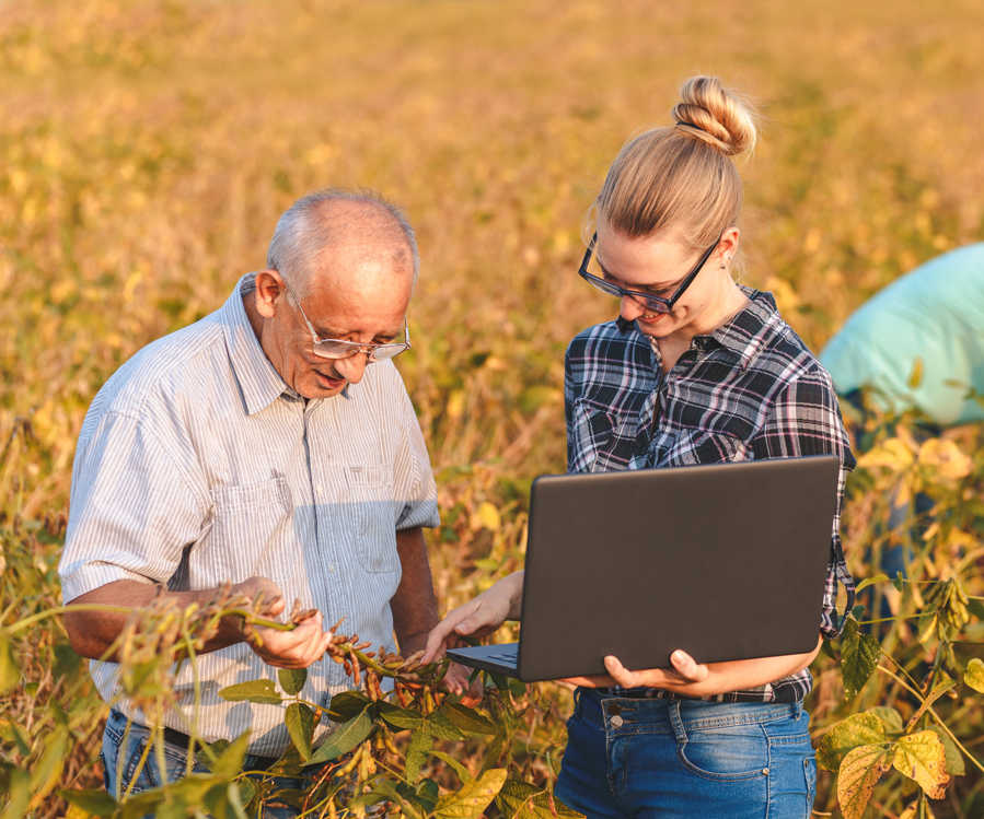 Group Of Farmers With Laptop Standing In A Field